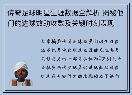 传奇足球明星生涯数据全解析 揭秘他们的进球数助攻数及关键时刻表现